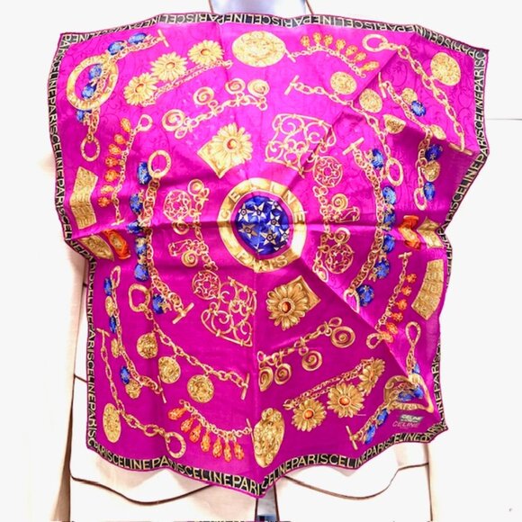 2 New Large Celine Paris Handker/Mini Scarf 20"Cotton Pink Black Gold Chain(51 - Picture 11 of 16